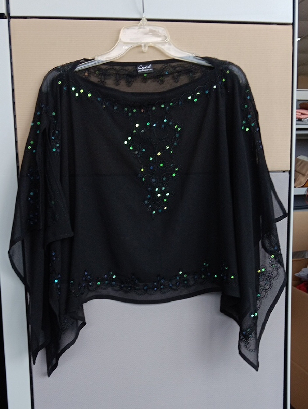 Cejon Black Sheer Sequin-Embellished Poncho Top